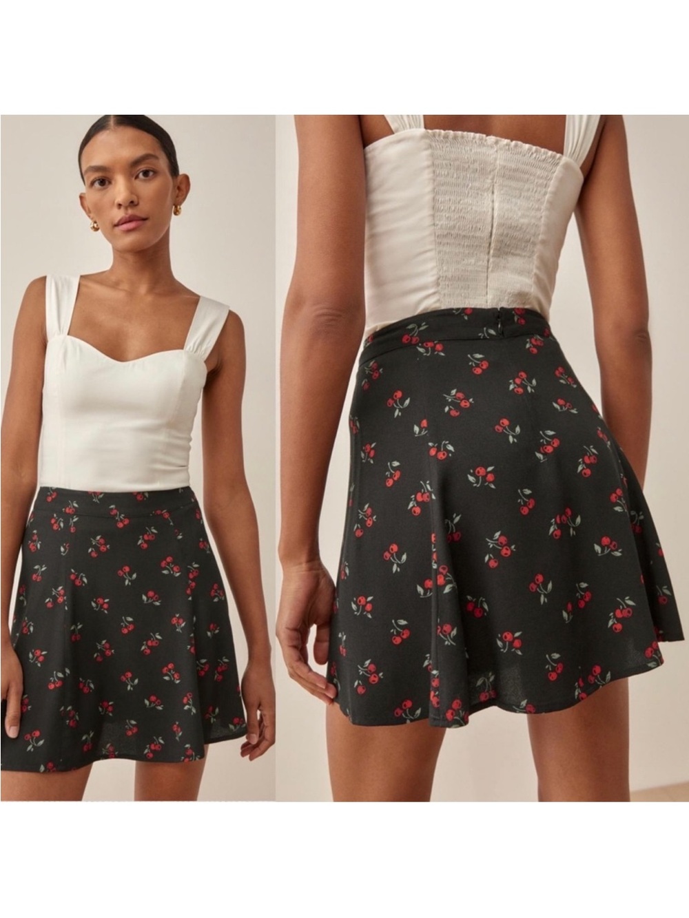 Reformation Cherry Print Mini Skirt Black Red Fruit Flounce A-Line